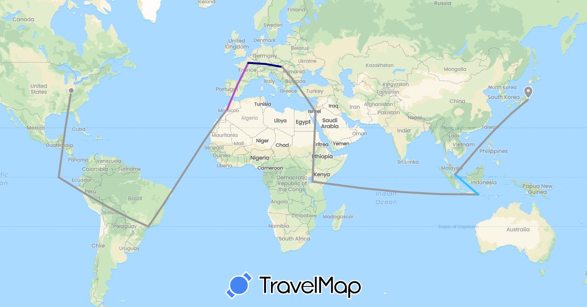 TravelMap itinerary: driving, plane, train, boat in Brazil, Ecuador, France, Hungary, Indonesia, Jordan, Japan, Morocco, Singapore, Tanzania, United States (Africa, Asia, Europe, North America, South America)